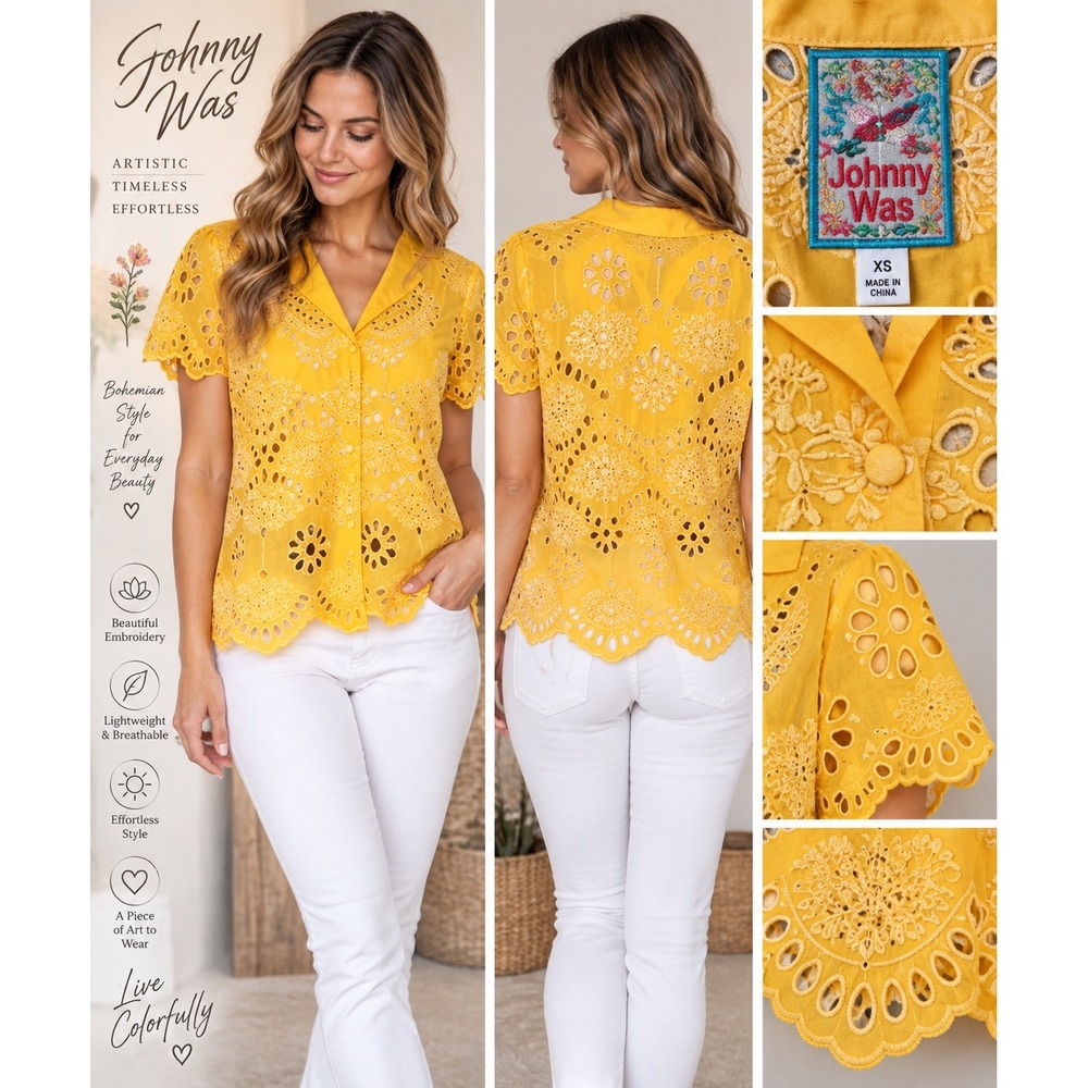 Johnny Was Marietta Cooper Blouse XS Yellow Eyelet Embroidered Button Up Top